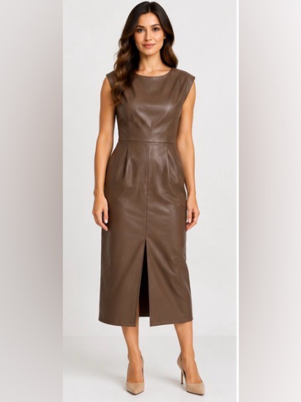 COMMENSE NWT Brown Faux Leather Midi Dress M Front Slit Back Zip